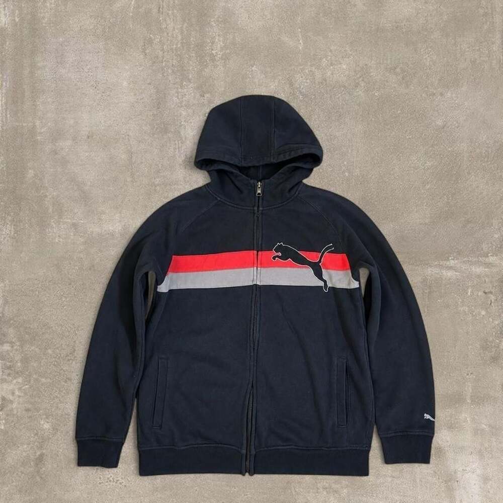 Puma Vintage Y2K Full Zip Hoodie Navy Red Gray Racing Stripe Boys L